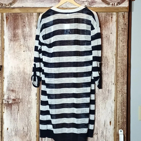 Nautical blue white striped open knit cardigan lightweight semi sheer M - Picture 7 of 10